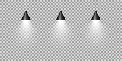 Three black ceiling lamps on transparent background. vector illustration - obrazy, fototapety, plakaty