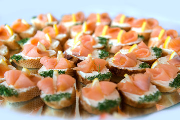 Close up of small canapes arranged on a plate over light background - selective focus