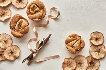 muffins, dried apples on a white background. hygge style