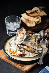 Mussels with Blue Cheese Sauce and Garlic Baguette.