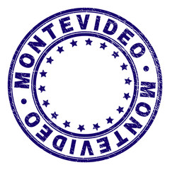 MONTEVIDEO stamp seal watermark with distress texture. Designed with round shapes and stars. Blue vector rubber print of MONTEVIDEO text with corroded texture.