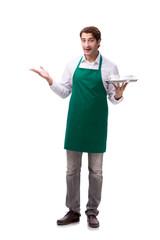 Young waiter isolated on white background