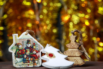 Christmas and New Year decorations, lights, rain and toys