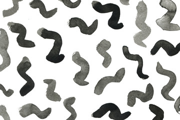 Black ink abstract background with waves and strokes on white paper background. Trendy look. Chaotic abstract organic design