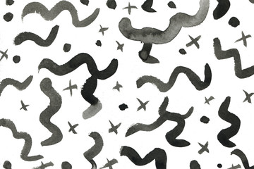 Fototapeta premium Black ink abstract background with waves and strokes on white paper background. Trendy look. Chaotic abstract organic design