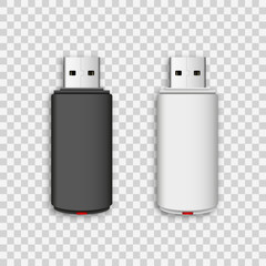 Vector isolated USB pen drives, black and white flash disks on transparent background - obrazy, fototapety, plakaty