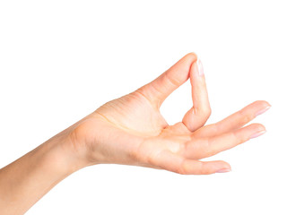 Woman hand showing mudra gesture or holding something.