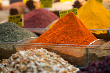 Colorful food and spices in the Spice Bazaar of Istanbul, Turkey
