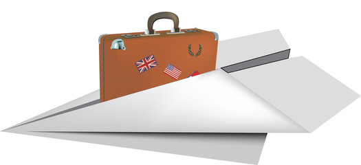 vecchia valigia in pelle sopra un  aereo di carta