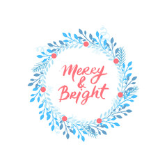 Merry Christmas and Happy New Year vector card. Holidays frame with leaves and branches.