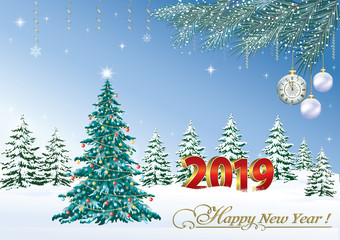 Happy New Year 2019. Christmas festive tree on the background of the winter landscape	