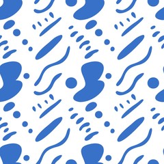 Abstract seamless pattern of blue color stains, dots and circles on the white background, vector backdrop for wrapping, print, wallpaper, package, web