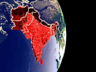 Satellite view of SAARC memeber states at night with visible bright city lights. Extremely fine detail of the plastic planet surface.