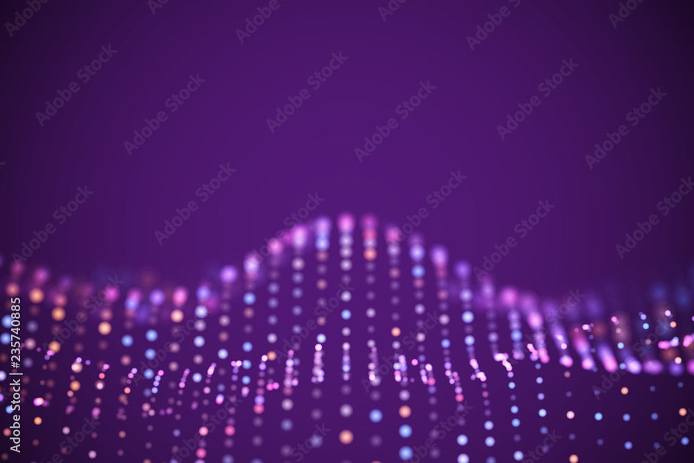 Poster abstract digital landscape or soundwaves with flowing particles. big data technology background. vis