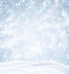 Blue background with winter landscape, snowflakes and blizzard.