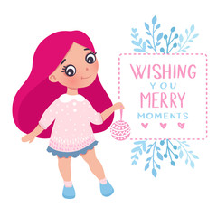Merry Christmas and Happy New Year 2019 vector card. Little girl