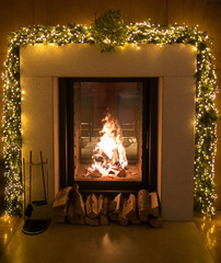 Christmas lights on the fire place
