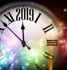 Fototapeta na wymiar Shiny 2019 New Year background with clock and fireworks.