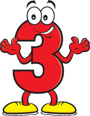 Cartoon illustration of a number three with it's hands up.