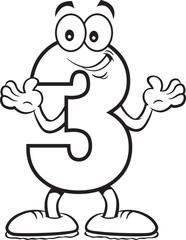 Black and white illustration of a number three with it's hands up.