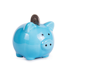 Blue piggy bank on white background. Copy space. Piggy bank and coin.
