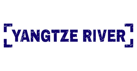 YANGTZE RIVER title seal print with grunge texture. Text title is placed between corners. Blue vector rubber print of YANGTZE RIVER with scratched texture.