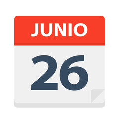 Junio 26 - Calendar Icon - June 26. Vector illustration of Spanish Calendar Leaf