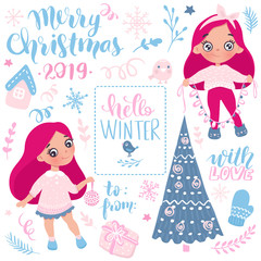 Merry Christmas and Happy New Year 2019 vector collection. Hand drawn Holidays set in cartoon style