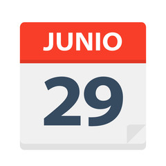 Junio 29 - Calendar Icon - June 29. Vector illustration of Spanish Calendar Leaf
