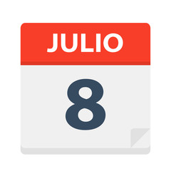 Julio 8 - Calendar Icon - July 8. Vector illustration of Spanish Calendar Leaf