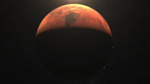 Planet Mars. The camera flies around the Mars. View from space. The planet is illuminated by the sun to half. Stars twinkle. 4K. The sun shines from above.