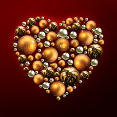 Decorative Christmas heart made of golden balls with highlights. High detailed realistic illustration.