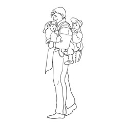 Father with kids. Family time vector illustration, concept of happy parenting and childhood. Line art style