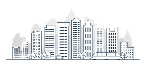 Thin line style city skyline. landscape with buildings, streets, cars, trees and trains. Panorama of city skyline.