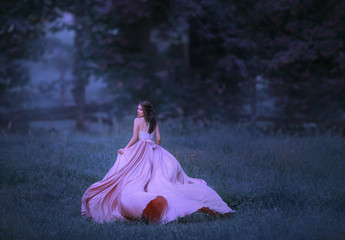 A brunette girl runs in a forest that has shrouded in mist. A lady in a pink flying, waving, long...