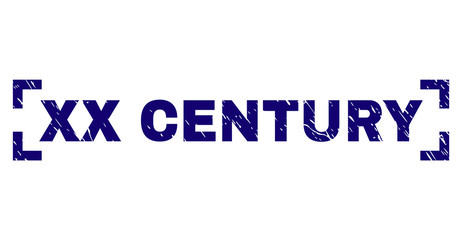 XX CENTURY title seal stamp with grunge style. Text title is placed between corners. Blue vector rubber print of XX CENTURY with grunge texture.
