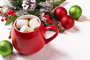 Christmas. Red mug with coffee.