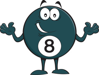 Cartoon illustration of a happy billiard eight ball.