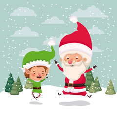 little elf and santa claus characters in snowscape