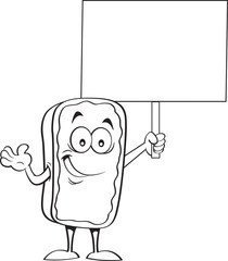 Black and white illustration of an eclair holding a sign.