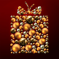 Decorative Christmas gift made of golden balls with highlights. High detailed realistic illustration.