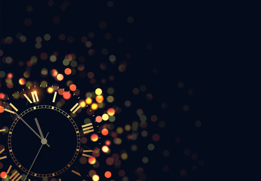 Background vintage gold shining clock report time five minutes to midnight, glitter golden bokeh. Holiday vector illustration