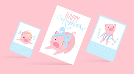 Cute vector cards with funny pigs. Pig illustration isolated on white.