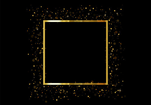 Golden square frame isolated on black background. Gold glitter border shining particles of light effects