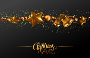 Merry Christmas and a happy New Year.  Golden garland on a gray backgroundt. High detailed realistic illustration.