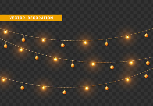Christmas decorations, isolated on transparent background. Gold light garlands with balls realistic set. Golden Xmas decor. Festive design element