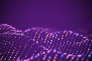 Abstract digital landscape or soundwaves with flowing particles. Big data technology background. Visualization of sound waves. Virtual reality concept: 3D digital surface. EPS 10 vector illustration.