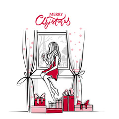 Merry Christmas and Happy New Year vector card. Fashion sketches.