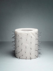 A roll of toilet paper with thorns. Unusual joke.