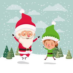 little elf and santa claus characters in snowscape